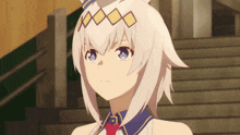 a girl with white hair and blue eyes stands in front of a set of stairs