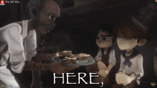 two cartoon boys are sitting at a table with the word sailor on the bottom