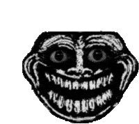 a black and white drawing of a troll face with large teeth