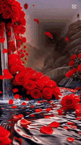 a waterfall with red roses falling into the water