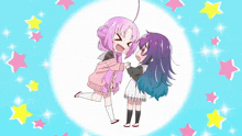 two anime girls are hugging each other on a blue background with pink stars