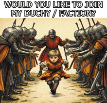a painting of a boy running away from a group of soldiers with the caption would you like