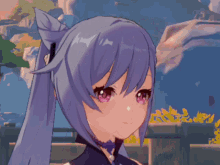 a close up of a purple haired anime character with purple eyes