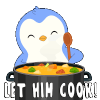 a penguin is holding a wooden spoon over a pot of soup with the words let him cook written below it