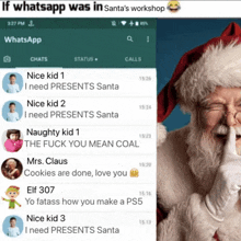 a screenshot of santa 's workshop and a screenshot of santa 's whatsapp