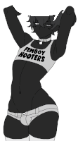 a black and white drawing of a person wearing a femboy hooters shirt