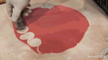 a close up of a piece of red dough that says made in animatica on it