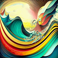 a colorful painting of a wave coming in to the shore