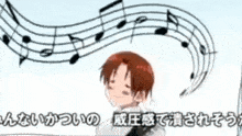 a boy is singing in front of a bunch of musical notes .