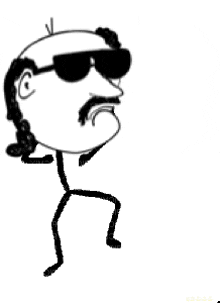 a stick figure wearing sunglasses and a mustache is standing on a white background .