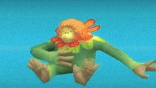 a green monkey with a flower on its head is sitting on a blue surface