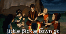 a group of people sitting around a fire with the words little pickle town gc written below them