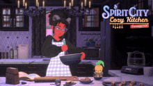 a poster for spirit city cozy kitchen shows a woman mixing something in a bowl