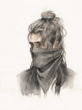 a drawing of a man with long hair and a scarf covering his face