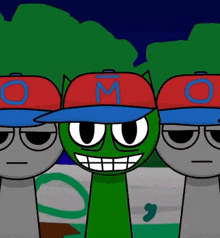 a cartoon character wearing a hat with the letter m on it