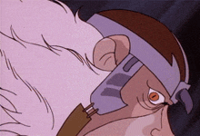 a close up of a cartoon character wearing glasses and a helmet