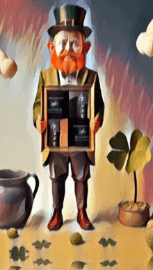 a painting of a leprechaun holding a framed picture of a pot of gold