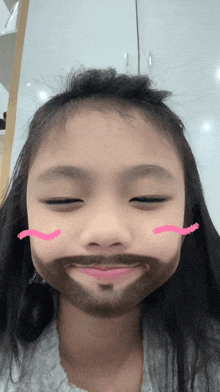 a little girl with a beard and pink cheeks
