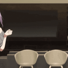 a girl with purple hair and pink eyes is standing in front of a projector screen