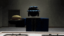 a man in a suit and tie is holding a hamburger on a tray in front of his head