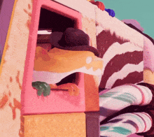 a cartoon character in a hat looks out of a window