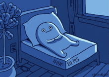 a cartoon of a person laying on a bed with the words " mano en pis " written on the side