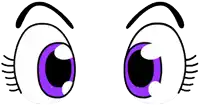 a pair of cartoon eyes with purple irises and a purple mouth .