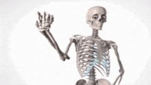 a man is standing next to a skeleton .