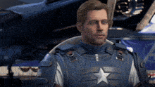 a man in a captain america uniform stands in front of an avengers plane