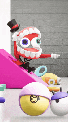 a cartoon character wearing a top hat pointing at something