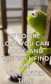 a kermit the frog is leaning against a wall with a quote about time