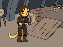 a cartoon drawing of a cat wearing a brown hood