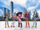 a group of monster high dolls standing in front of a city skyline