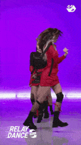 three girls are dancing in front of a purple background that says relay dance on it
