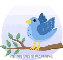 a blue bird is perched on a tree branch and says cheeseburger