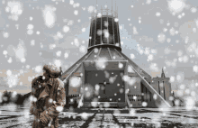 a person standing in front of a building with snow falling on it