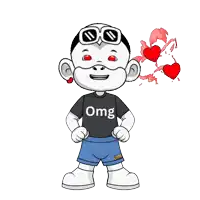 a cartoon character is wearing a black shirt that says omg