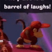 a monkey wearing a red hat and a red shirt is standing on a purple surface .