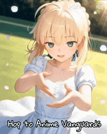 a picture of a girl with the words " hop to anime vanguards " on it