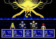 a video game screen shows a giant green monster and four characters named anna rolf and amy
