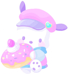 a cartoon character wearing a pink hat is holding a donut