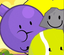 a purple balloon and a yellow tennis ball with smiley faces