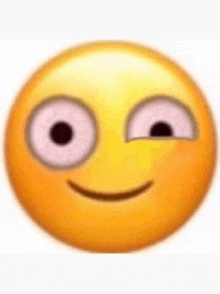 a close up of a yellow smiley face with pink eyes and a smile on a white background .