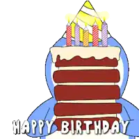 a penguin wearing a party hat is holding a birthday cake with lit candles
