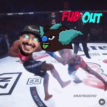 a cartoon drawing of a man and a clown with fud out written in red