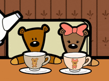 two teddy bears are sitting next to each other in cups of coffee
