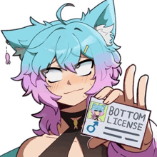 a cat girl is holding a bottom license in her hand