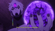 a cartoon character is holding a purple ball in his hands .
