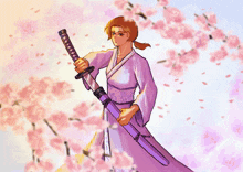 a drawing of a woman in a kimono holding a sword in front of pink flowers
