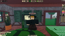 a screenshot of a game called samurai village shows a person standing in front of a sign that says invest here
